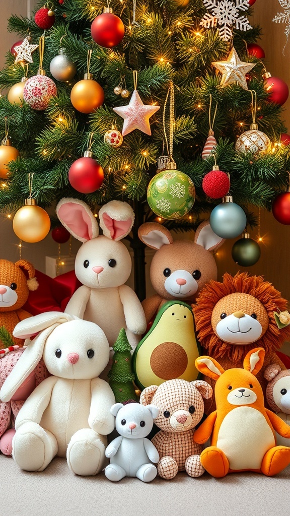 A collection of Jellycat plush toys under a Christmas tree, including a bunny, lion, and avocado.